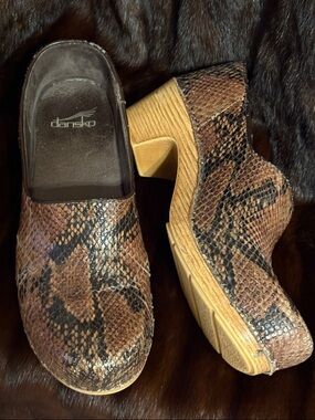 Dansko Brown Snake-Print Slip-On Clogs